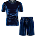 Pikkukuva 1 / 5: Miesten 2-osainen 80- ja 90-luvun samettitrenssipuvut, rento lyhythihainen samettipuserosetti Navy Blue XL