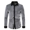 Herrar Knappfront Långärmad Glitter Lapel Krage Skjorta Silver S
