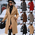 Miniatyrbilde 6 av 7: Lang ullkåpe for kvinner med hakket revers, dobbeltknappet trenchcoat brown M