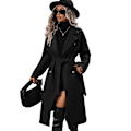 Miniatyrbilde 1 av 7: Lang ullkåpe for kvinner med hakket revers, dobbeltknappet trenchcoat black M