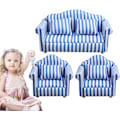 Pikkukuva 1 / 8: Miniatyyri Nukkekotisohvasetti - Punainen ja Valkoinen Raidalliset 1:12 Mittakaavan Olohuoneen Leikkikaluhuippukalusteet Blue Three piece set