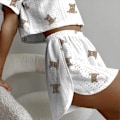 Miniatyrbilde 2 av 7: Kvinners Utskrift Pyjamas Set Sommer Casual Kvinners Kort Erme Topper Shorts Sleepwear 2 Bit Set Rund Hals Hem Loungeklær SY038-7 L