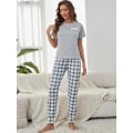 Miniatyrbilde 4 av 7: Brev Skriv Ut Pyjamas Set Kort Ärm Besättning Hals Top & Elastisk Midjebyxor Kvinnors Sovkläder & Loungekläder GRÅ L