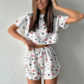 Miniatyrbild 1 av 7: Kvinnors Utskrift Pyjamas Set Sommar Casual Kvinnors Kort Ärm Toppar Shorts Sleepwear 2 Bit Set Round Hals Hem Loungekläder SY038-7 M