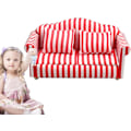 Pikkukuva 1 / 8: Nukkekodin sohva ja nojatuolisetti - 1:12 mittakaava Punainen ja valkoinen raidallinen miniatyyrihuonekalulelu RED double sofa