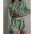 Miniatyrbild 3 av 7: Kvinnors Pyjamas Set Vår Långärmad Toppar Med Shorts Nattkläder 2 Delar Set Lös Rund Hals Pyjamas Feme Gul L