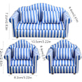 Pikkukuva 5 / 8: Miniatyyri Nukkekotisohvasetti - Punainen ja Valkoinen Raidalliset 1:12 Mittakaavan Olohuoneen Leikkikaluhuippukalusteet Blue Three piece set