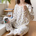 Pikkukuva 3 / 7: Naisten Uusi Kevyt Raidallinen Kreppi Pitkähihainen Pyjama - Trendikäs ja Söötti Kevät-Syksy Kotiasu AQY8805 Kaola XL