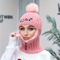 Pikkukuva 3 / 6: 1. Lämmin Kaulaliina Damask Balaclava, Skidcykel Halv Ansiktsöverdrag Varmare Vintersport Hattar Kvinnor & Flickor Blixtlås Vinröd One Size Fits All