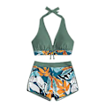 Miniatyrbild 2 av 4: Dam Lövmönstrad Vadderad Bikini Halterneck BH Fjärilsband Topp Hög Midja Pojkshorts Baddräkt Sommar Strandbadkläder (3XL Mörkgrön)