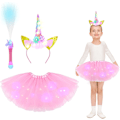 Miniatyrbillede 1 af 7: LED Enhjørning Kjole Kostume til Piger, Lysende Tutu, Pandebånd & Tryllestav (2-10 år)