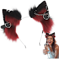 Miniatyrbilde 8 av 8: Plush Katteøre Hodebånd, Elastisk Halloween Hodebånd med Metallhjerter, Rød Wine, red B