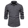 Miniatyrbilde 1 av 7: 2023 Ny høst militær stil 100 % bomull fickskjorte for menn Ensfarget Smal Casual Herreskjorter Langærmet DarkGrey S