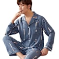 Miniatyrbild 5 av 7: 2022 Nya Mäns Vår Höst Lång Ärm Pyjamas Set Cardigan Koreansk Stil Tunn Hemwear Byxor Kostym Small checkered letters L