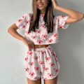 Miniatyrbilde 5 av 7: Kvinners Utskrift Pyjamas Set Sommer Casual Kvinners Kort Erme Topper Shorts Sleepwear 2 Bit Set Rund Hals Hem Loungeklær SY038-7 L