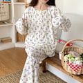 Miniatyrbilde 2 av 7: Nytt Lätt Randiga Kräpp Lång Ärm Pyjamas För Kvinnor Mode Söt Våren Höst Hem Kläder AQY8805 Kaola M