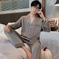 Pikkukuva 2 / 7: Miesten Pyjama 2-osainen Kevät- ja Syysmalli Jääsiikistä Pitkähihainen Pyjama Kotikäyttöön Uusi Kesä Miesten Silkkimainen Sininen XL (60-70kg)