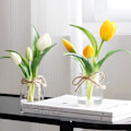Miniatyrbillede 4 af 4: 2 Pakke Ægte Touch Tulipaner i Vase med Kunstig Vand, Kunstige Blomster til Hjemmets Midtpunkt White+yellow