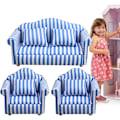 Pikkukuva 7 / 8: Miniatyyri Nukkekotisohvasetti - Punainen ja Valkoinen Raidalliset 1:12 Mittakaavan Olohuoneen Leikkikaluhuippukalusteet Blue Three piece set