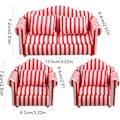 Pikkukuva 5 / 8: Nukkekodin sohvasetti - 1:12 mittakaava Punainen & Valkoinen Raidalliset Miniatyyri Nojatuolit Lasten Leikkikaluille RED Three piece set