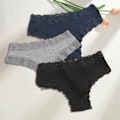 Miniatyrbild 1 av 7: 3st/set Bomull brasilianska underkläder för kvinnor Sexiga spetsribbade blomstringtrosor Kvinnliga Andas Solid T-back Bikini S- SET 14 XL