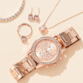 Miniatyrbillede 4 af 7: 6st/sæt Rose Golden Elektronisk Quartz Ur Armbånd Øreringe Halskæde Legering Strass Smykker Rose Gold3