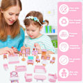 Pikkukuva 5 / 7: Puinen Nukkekodin Kalusteet, 20 Kpl 8 Perheen Nukkeilla & Lemmikillä, Lapsille pink