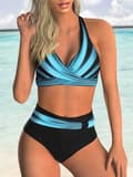 Tvådelad baddräkt för damer, V-ringning, korsande blommönstrad bikini, baddräkt, Tummy Control Bikini-set BLÅ BLUE_max BLUE L