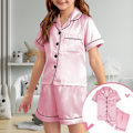 Miniatyrbillede 7 af 7: Børne Silke Satin Pyjamas, 2-delt Korte Ærmer PJs Sæt til Drenge & Piger, Blødt Natøj