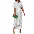 Miniatyrbild 2 av 10: Ditsy Tie Front Button Up Boho Midi T-shirtklänningar (Vit L)