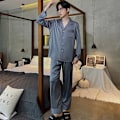 Pikkukuva 4 / 7: Miesten Pyjama 2-osainen Kevät- ja Syysmalli Jääsiikistä Pitkähihainen Pyjama Kotikäyttöön Uusi Kesä Miesten Silkkimainen Sininen XL (60-70kg)