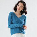 Miniatyrbillede 1 af 7: Mode Grundlæggende Kvinde Merino Uld Trøje Cashmir Pullover V-Hals Strik Slim Solid Kraver Wumai Blå M