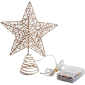 Miniatyrbilde 3 av 4: Juletrær Topper Stjerne, Juletrær Toppdekorasjoner med Varm Hvit Led Lys og Timer Funksjon, Uthulet Glitrende Stjerne for Hjem og Kontorinnredning, 8 X 10 Tommer Rose Gull