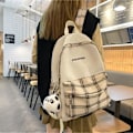 Miniatyrbillede 2 af 5: Skoltaske - Ternet rygsæk med 1 gratis sød panda-charm, (Beige)