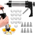 Kakekanonsett i rustfritt stål, 13 kakepressdisker og 8 glasurtupper, ergonomisk håndtak for baking av småkaker og kakepynting