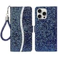 För iPhone 16 Pro Fodral PU Läder Plånbok Kortplats Glitter Telefonfodral - Blå[CO]