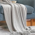 Miniatyrbillede 1 af 4: Strikkede tæpper til sofa, soveværelse og kontor, tekstureret farveægte blød og varm dekorativt strikket plaid med frynser Lysegrå