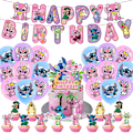 Miniatyrbilde 1 av 5: Lilo & Stitch Tema Barn Gutter Jenter Bursdagsfest Tilbehørsett Ballonger Banner Kake Toppers Dekorer Sett (YJD)