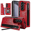 Miniatyrbild 1 av 4: Läder RFID-skyddande Flip Folio Plånboksfodral för Samsung Galaxy Z Fold 6 med S Pen-hållare Kortplats Ställ[HK] Red