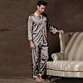 Miniatyrbild 3 av 5: Herr Stain Silk Pyjamasset Pyjamas Herr Sovkläder Tryckt Siden Nattlinne Hem Man Satin Mjuk Bekväm Sovpyjamas[HK] XL Champagne