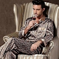 Miniatyrbild 1 av 5: Herr Stain Silk Pyjamasset Pyjamas Herr Sovkläder Tryckt Siden Nattlinne Hem Man Satin Mjuk Bekväm Sovpyjamas[HK] XL Champagne