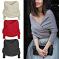 Miniatyrbillede 2 af 5: Dame Strikket Sweater Toppe Tørklæde Med Ærme Wrap Vinter Varmt Sjal Tørklæder[HK] WHITE