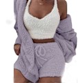 Miniatyrbild 1 av 2: Dam Vinter Plysch Hemmakläder Casual 3-Dels Pyjamas Långärmad Fluffig Jacka med Öppen Framsida & Shorts & Väst Set Håll Värmen Cl