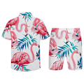 Pikkukuva 4 / 4: Allthemen Miesten vaaleanpunainen Flamingo-kuvioiset rantashortsit ja lyhythihainen paita, 2 kpl L