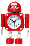 Non-ticking Robot Alarm Clock Stainless Metal - Wake-up Clock With Flashing Eye Lights And Hand Clip (ruby Red)