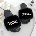 Miniatyrbild 2 av 4: Women's Fluffy Faux Fur Slippers Comfy Open Toe Slides With Fle BLACK 37