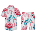 Pikkukuva 1 / 4: Allthemen Miesten vaaleanpunainen Flamingo-kuvioiset rantashortsit ja lyhythihainen paita, 2 kpl XL