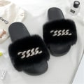 Miniatyrbild 2 av 4: Women's Fluffy Faux Fur Slippers Comfy Open Toe Slides With Fle BLACK 43