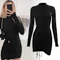 Miniatyrbillede 5 af 5: Elegant Sort Sortærmet Rynket Bodycon Kjole med Snøre Design til Feriefest Black M
