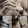 Miniatyrbillede 2 af 3: Sort læderarmbånd med kobberspænde